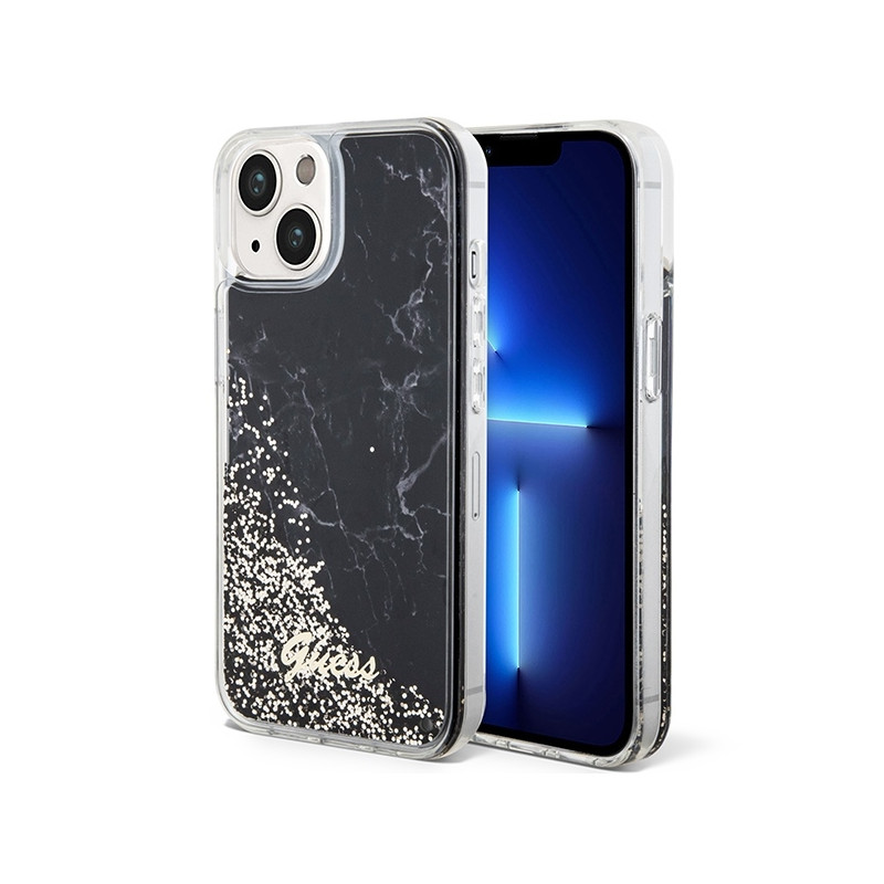 Guess Liquid Glitter Marble dėklas iPhone 14 - juodas