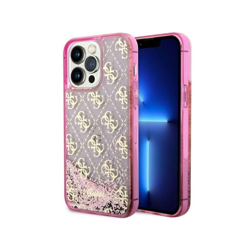 Guess Liquid Glitter 4G Transculent dėklas, skirtas iPhone 14 Pro Max - rožinis