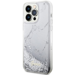Guess Liquid Glitter Marble dėklas, skirtas iPhone 14 Pro Max - baltas