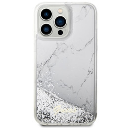 Guess Liquid Glitter Marble dėklas, skirtas iPhone 14 Pro Max - baltas