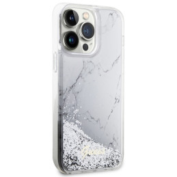 Guess Liquid Glitter Marble dėklas, skirtas iPhone 14 Pro Max - baltas