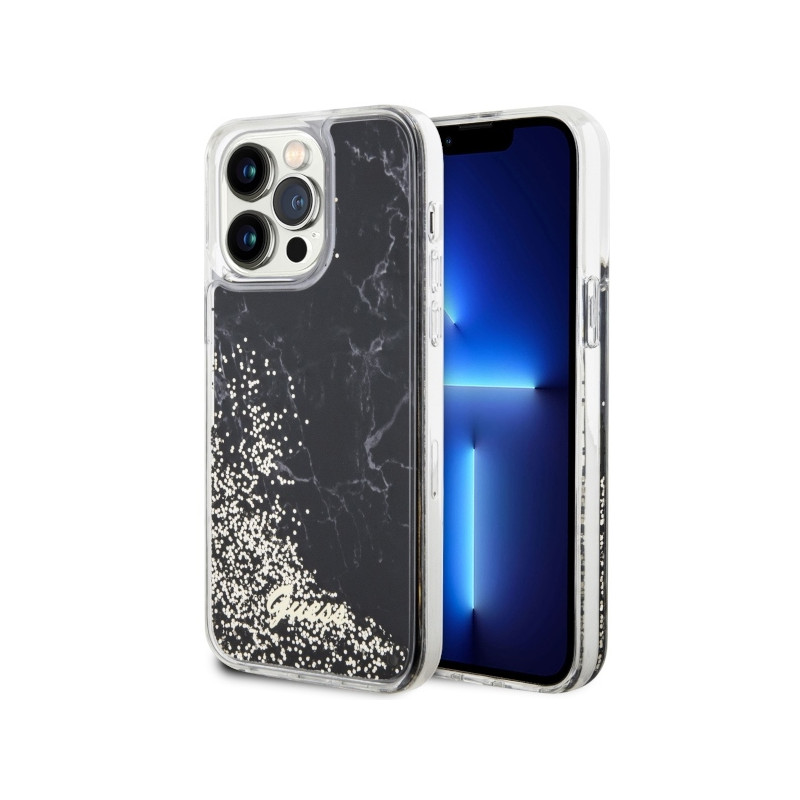 Guess Liquid Glitter Marble dėklas, skirtas iPhone 14 Pro Max - juodas