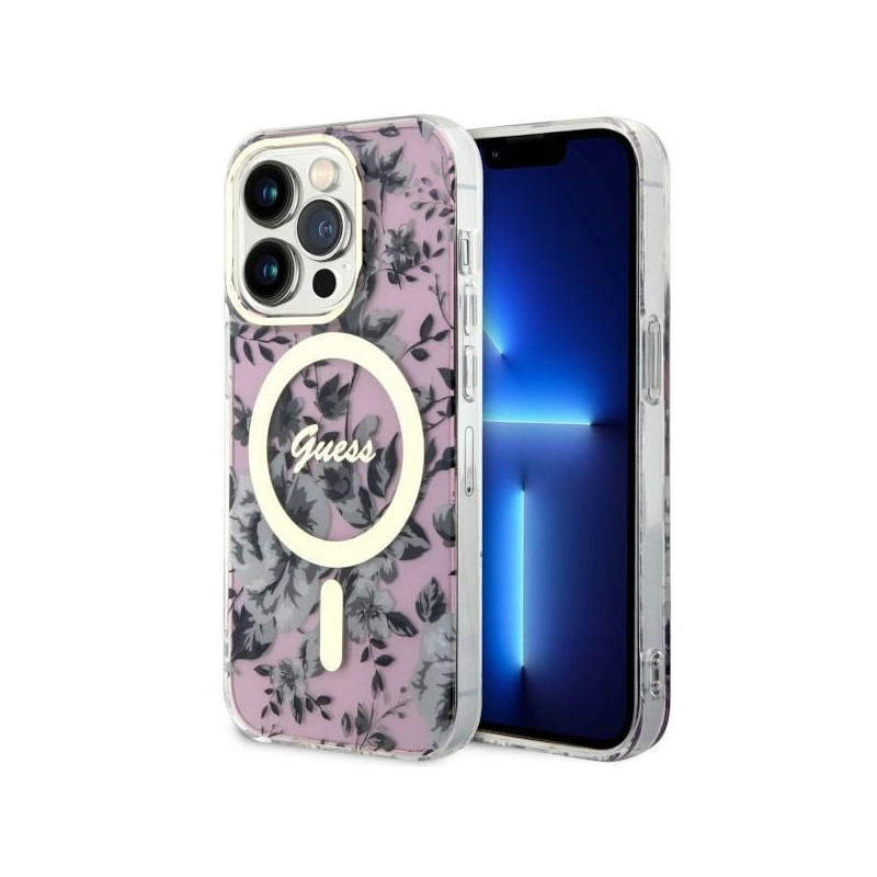 Guess Flower MagSafe dėklas iPhone 14 Pro - rožinis