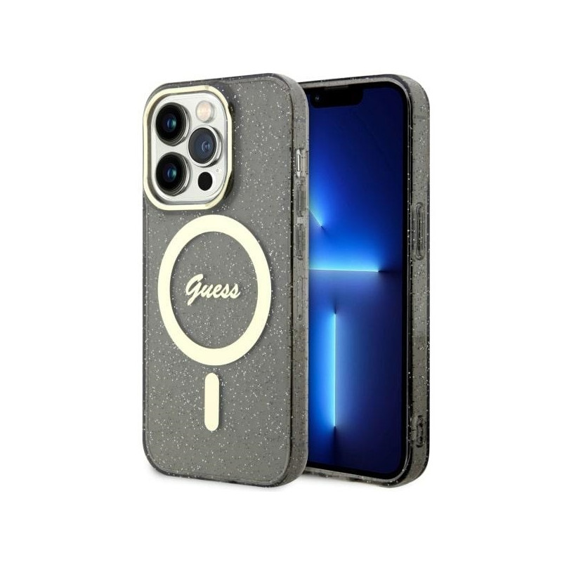Guess Glitter Gold MagSafe dėklas iPhone 14 Pro - juodas