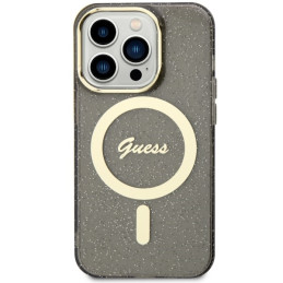 Guess Glitter Gold MagSafe dėklas iPhone 14 Pro - juodas