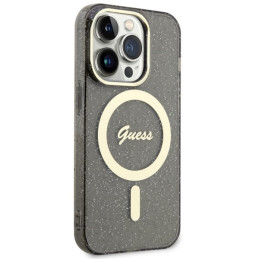 Guess Glitter Gold MagSafe dėklas iPhone 14 Pro - juodas