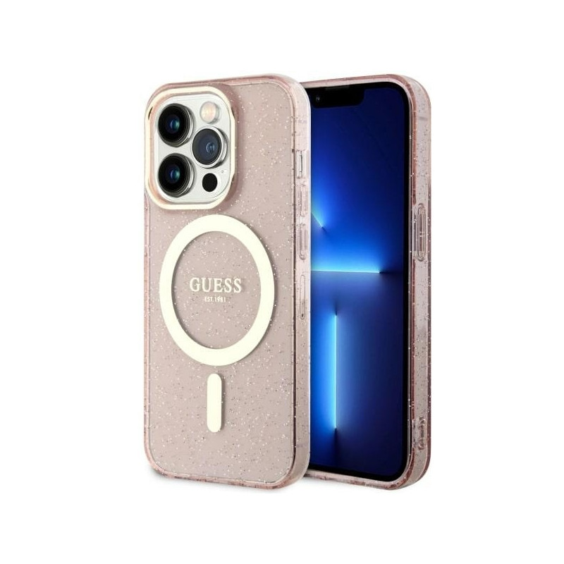 Guess Glitter Gold MagSafe dėklas iPhone 14 Pro - rožinis
