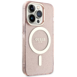 Guess Glitter Gold MagSafe dėklas iPhone 14 Pro - rožinis