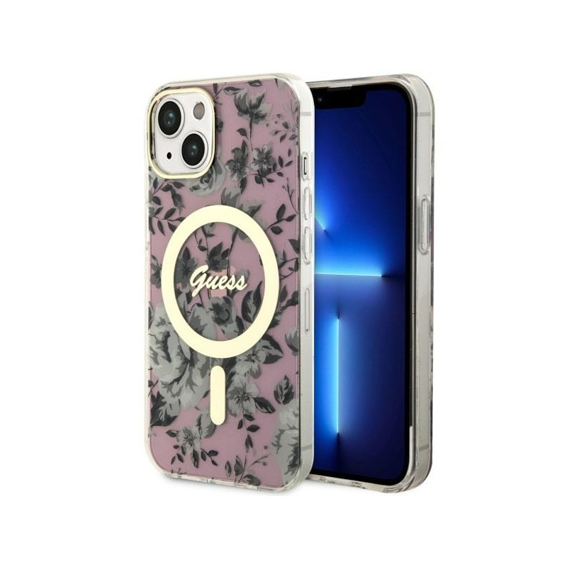 Guess Flower MagSafe dėklas iPhone 14 Plus - rožinis