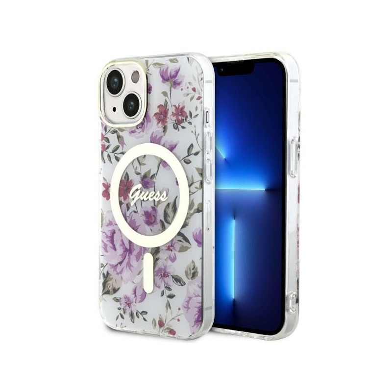 Guess Flower MagSafe dėklas iPhone 14 Plus - skaidrus