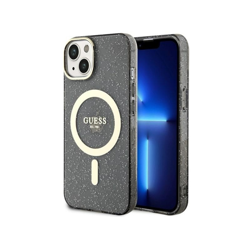 Guess Glitter Gold MagSafe dėklas iPhone 14 Plus - juodas