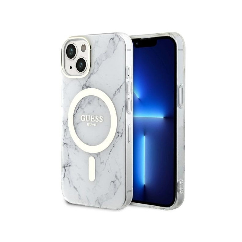 Guess Marble MagSafe dėklas iPhone 14 Plus - baltas