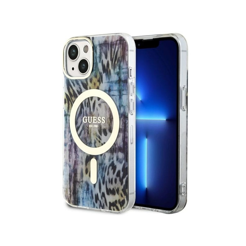 Guess Leopard MagSafe dėklas iPhone 14 - mėlynas