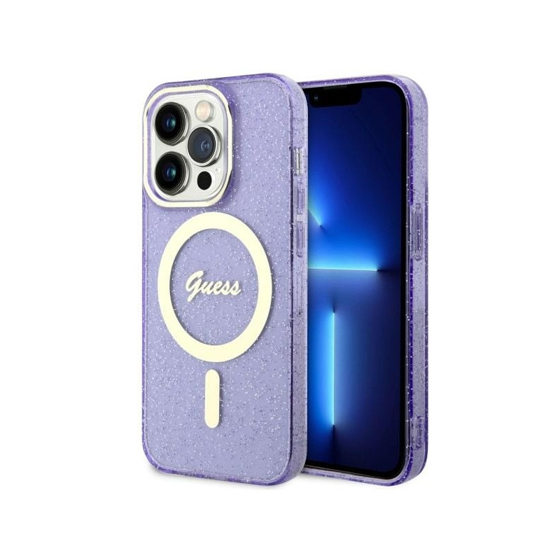 Guess Glitter Gold MagSafe dėklas iPhone 14 Pro Max - violetinis