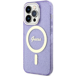 Guess Glitter Gold MagSafe dėklas iPhone 14 Pro Max - violetinis