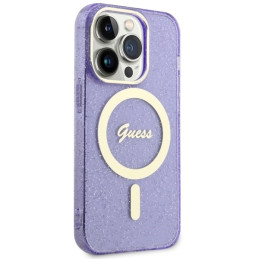 Guess Glitter Gold MagSafe dėklas iPhone 14 Pro Max - violetinis