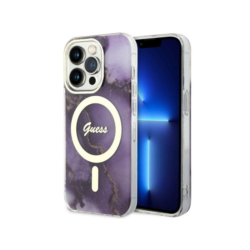 Guess Golden Marble MagSafe dėklas, skirtas iPhone 14 Pro Max - violetinė