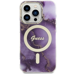 Guess Golden Marble MagSafe dėklas, skirtas iPhone 14 Pro Max - violetinė