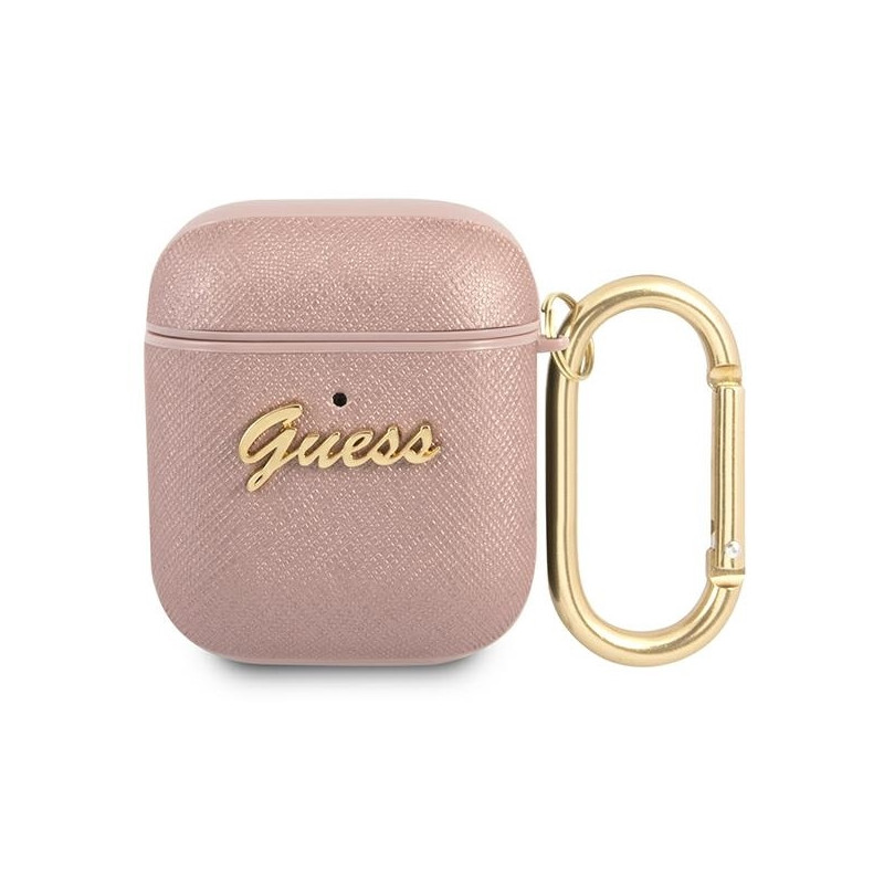 Guess Saffiano Script Metal Collection dėklas, skirtas AirPods 1/ 2 – rožinis