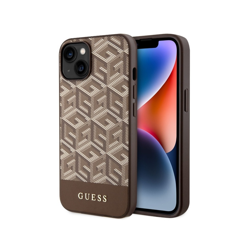 Guess GCube Stripes MagSafe dėklas iPhone 14 Plus - rudas