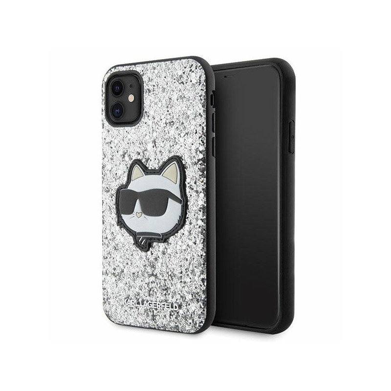 Karl Lagerfeld Glitter Choupette Patch dėklas iPhone 11 / Xr - sidabrinis