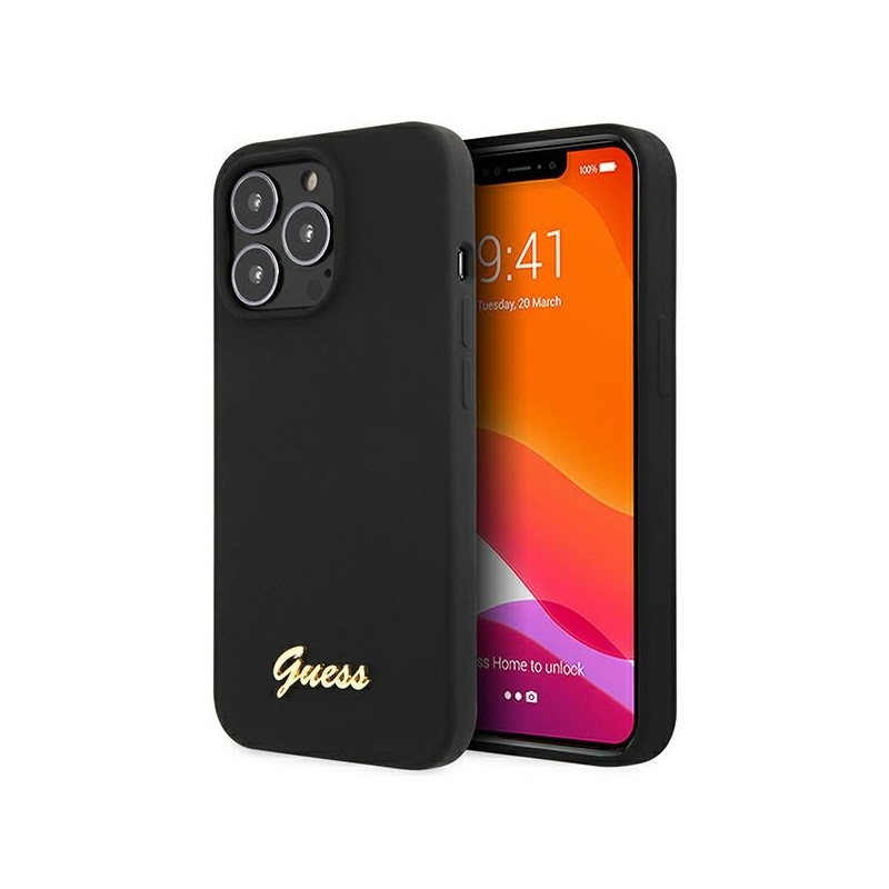 Guess Silicone Script Gold Logo dėklas, skirtas iPhone 13 Pro Max - juodas