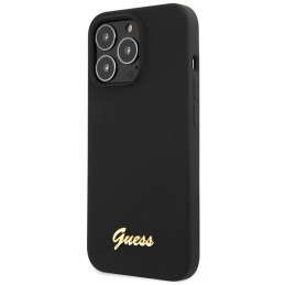 Guess Silicone Script Gold Logo dėklas, skirtas iPhone 13 Pro Max - juodas
