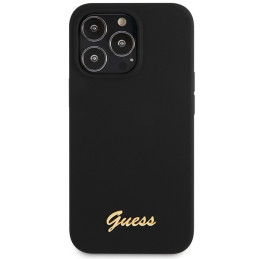 Guess Silicone Script Gold Logo dėklas, skirtas iPhone 13 Pro Max - juodas