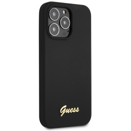 Guess Silicone Script Gold Logo dėklas, skirtas iPhone 13 Pro Max - juodas