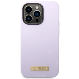 Guess Silicone Logo Plate MagSafe dėklas, skirtas iPhone 14 Pro - violetinė