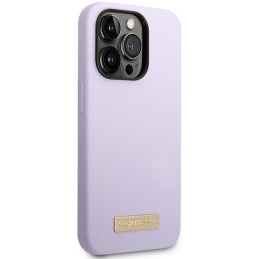Guess Silicone Logo Plate MagSafe dėklas, skirtas iPhone 14 Pro - violetinė