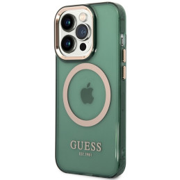 Guess Gold Outline permatomas MagSafe dėklas, skirtas iPhone 14 Pro Max – žalias