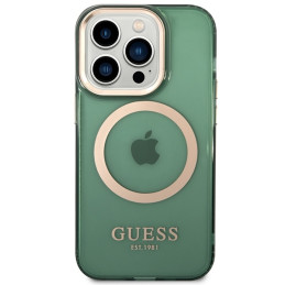 Guess Gold Outline permatomas MagSafe dėklas, skirtas iPhone 14 Pro Max – žalias