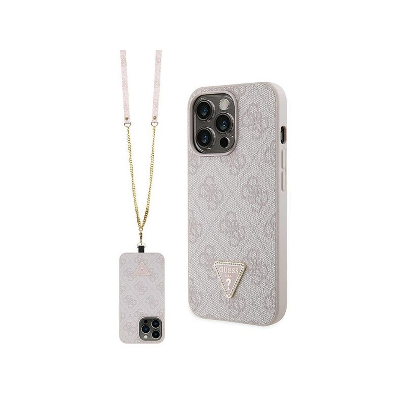 Guess Crossbody 4G metalinis logotipo dėklas, skirtas iPhone 13 Pro / iPhone 13 – rožinis