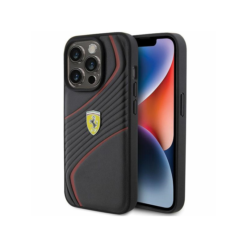 Ferrari Twist Metal Logo dėklas, skirtas iPhone 15 Pro - juodas