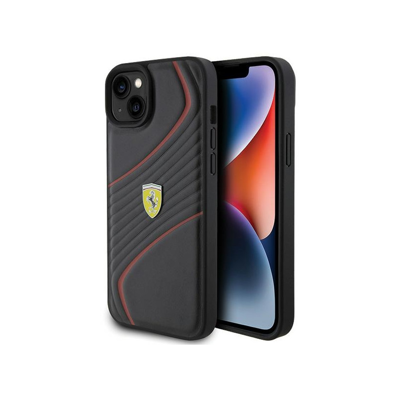 Ferrari Twist Metal Logo dėklas, skirtas iPhone 15 Plus - juodas