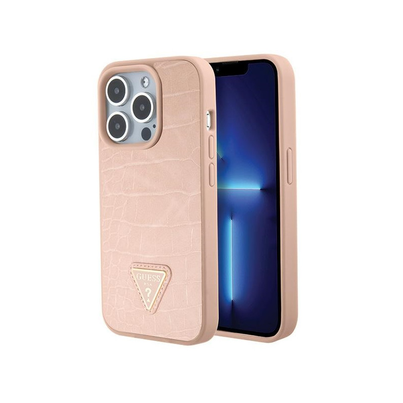 Guess Croco Triangle Metal Logo dėklas iPhone 15 Pro - rožinis