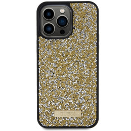 Guess Rhinestone Metal Logo dėklas, skirtas iPhone 15 Pro - geltonas