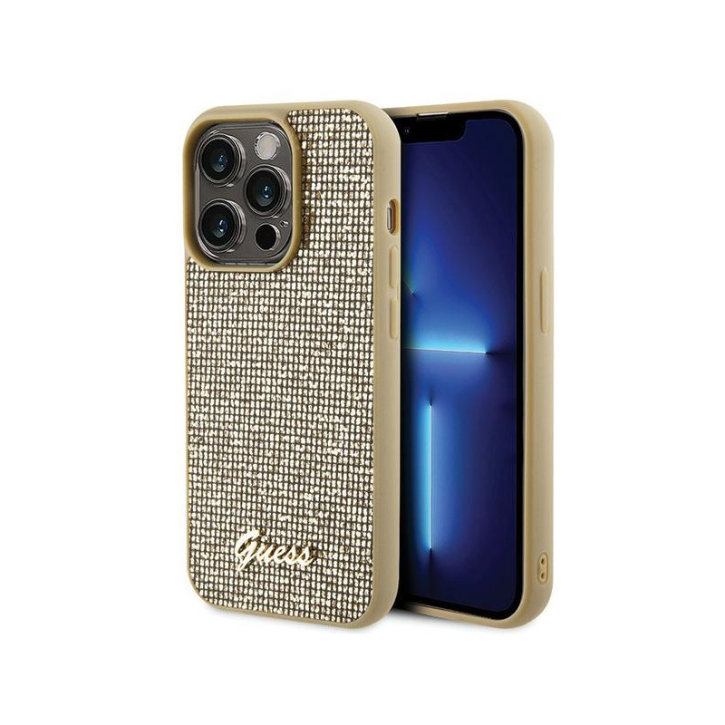 Guess Disco Metal Script dėklas iPhone 15 Pro - auksinis