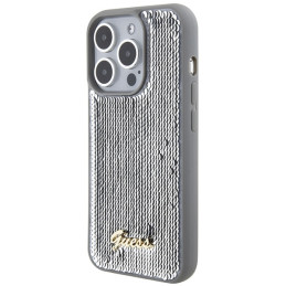 Guess Sequin Script Metalinis dėklas iPhone 15 Pro - sidabrinis