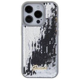 Guess Sequin Script Metalinis dėklas iPhone 15 Pro - sidabrinis