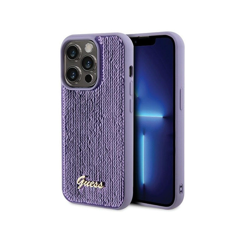 Guess Sequin Script Metalinis dėklas iPhone 15 Pro - violetinis