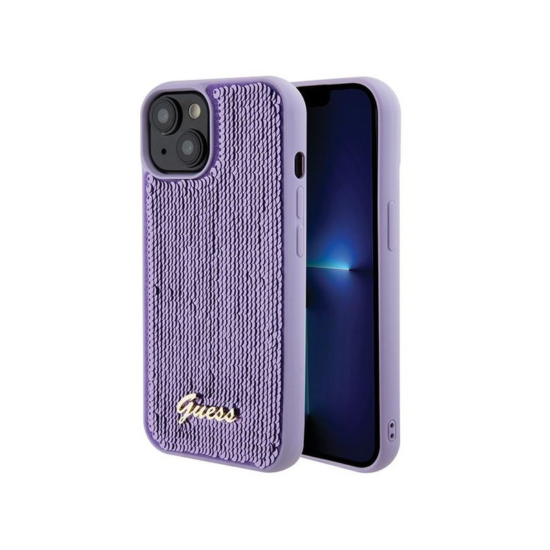 Guess Sequin Script Metalinis dėklas iPhone 15 - violetinis
