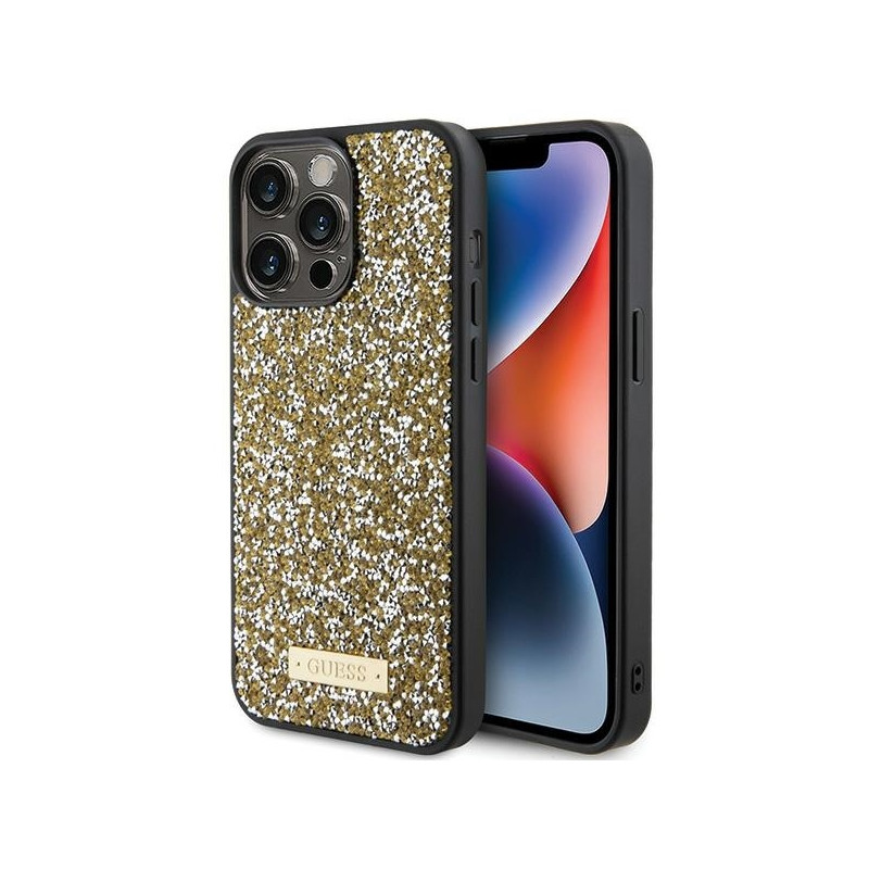 Guess Rhinestone Metal Logo dėklas, skirtas iPhone 15 Pro Max - geltonas