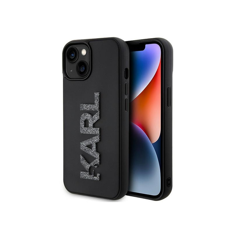 Karl Lagerfeld 3D Rubber Glitter Logo dėklas iPhone 15 Plus - juodas