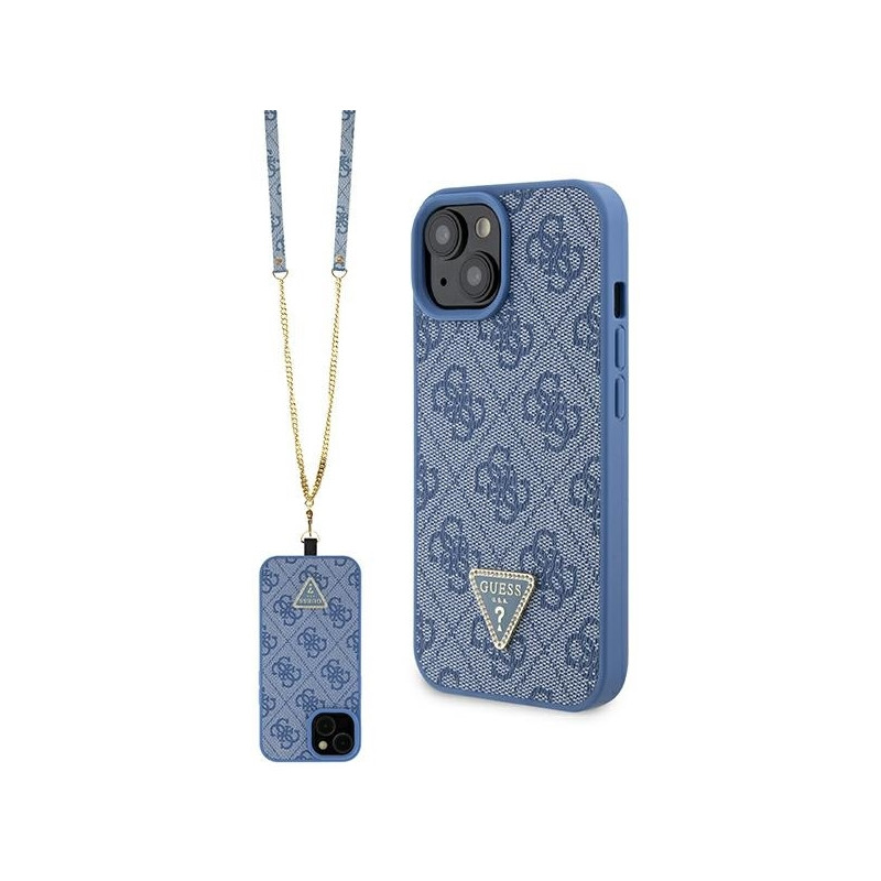 Guess Crossbody 4G metalinis logotipo dėklas iPhone 15 - mėlynas