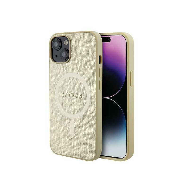 Guess Saffiano MagSafe dėklas iPhone 15 Plus - auksinis