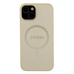 Guess Saffiano MagSafe dėklas iPhone 15 Plus - auksinis