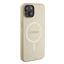 Guess Saffiano MagSafe dėklas iPhone 15 Plus - auksinis