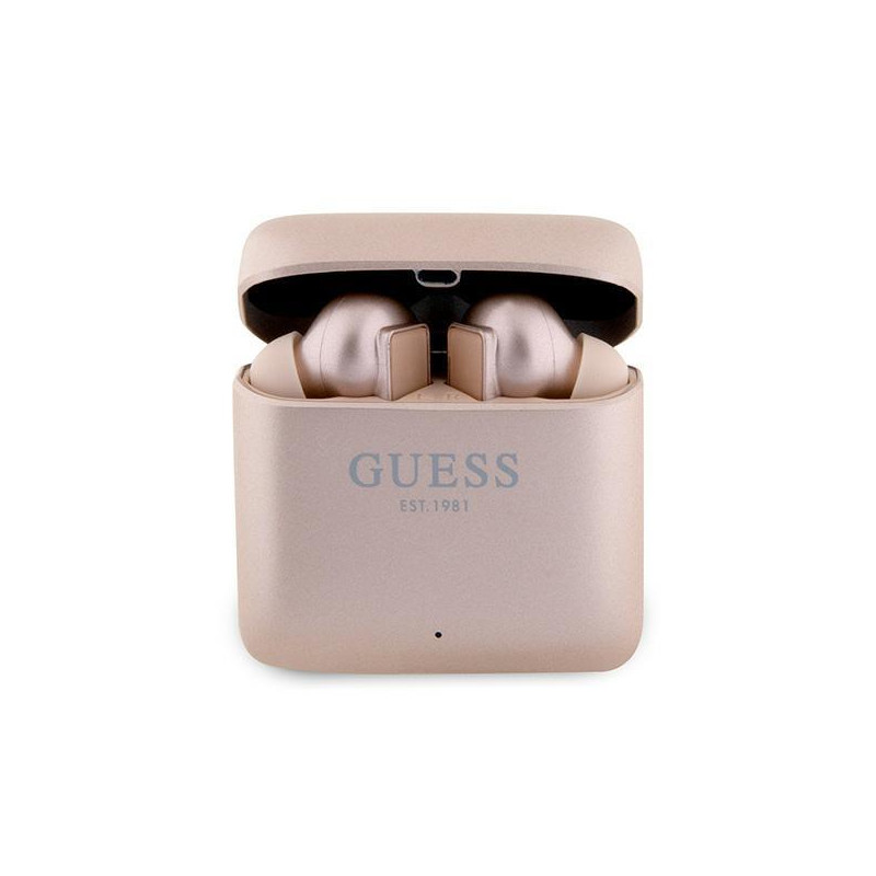 Guess Printed Logo TWS Bluetooth ausinės + prijungimo stotelė - rožinė ir auksinė